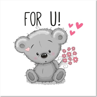 Cute teddy bear with flowers. Posters and Art